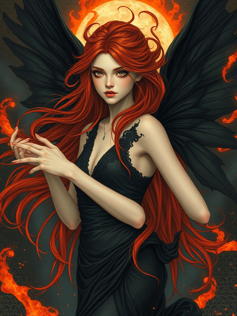 Mystical Dark Fairy with Fire Powers, Ukiyo-e Style