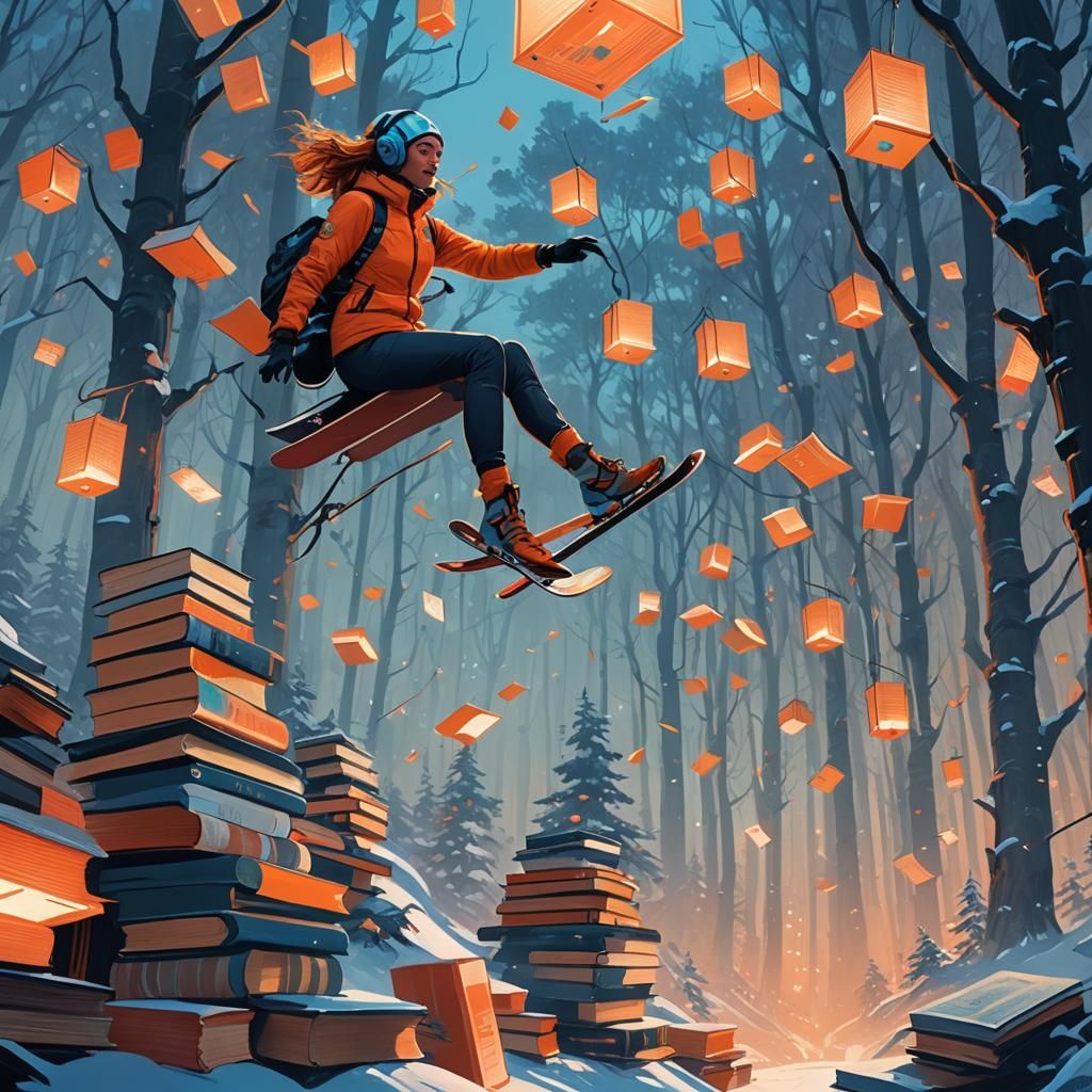 Fantasy Skier Girl in Mystical Forest, Digital Art