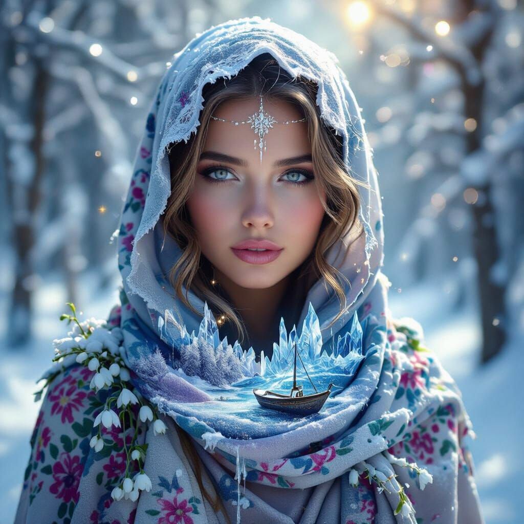 Fairy Fallen Angel of Ice and Fire in Snowy Forest