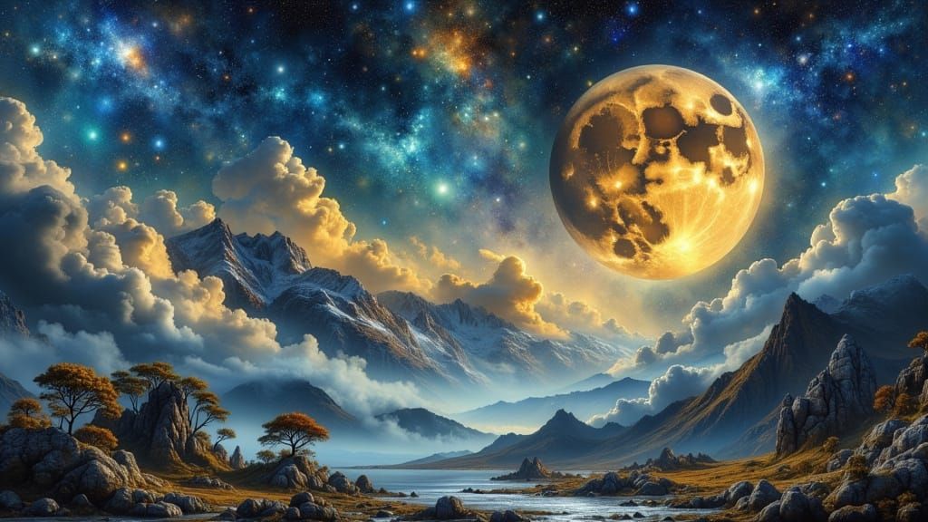 Luminous Celestial Body Illuminates a Vast, Serene Landscape...