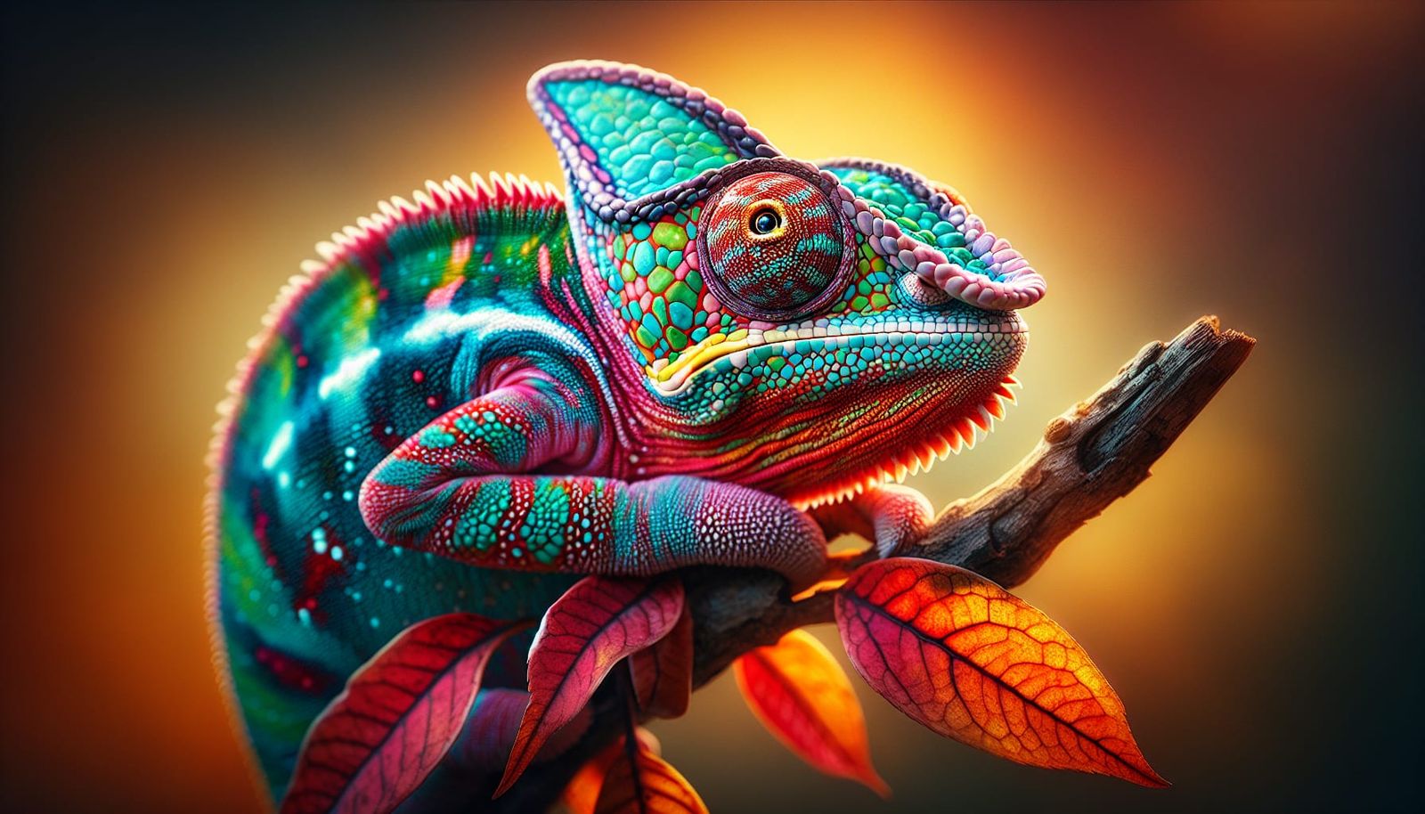 Colorful Chameleon on Branch with Autumn Leaves