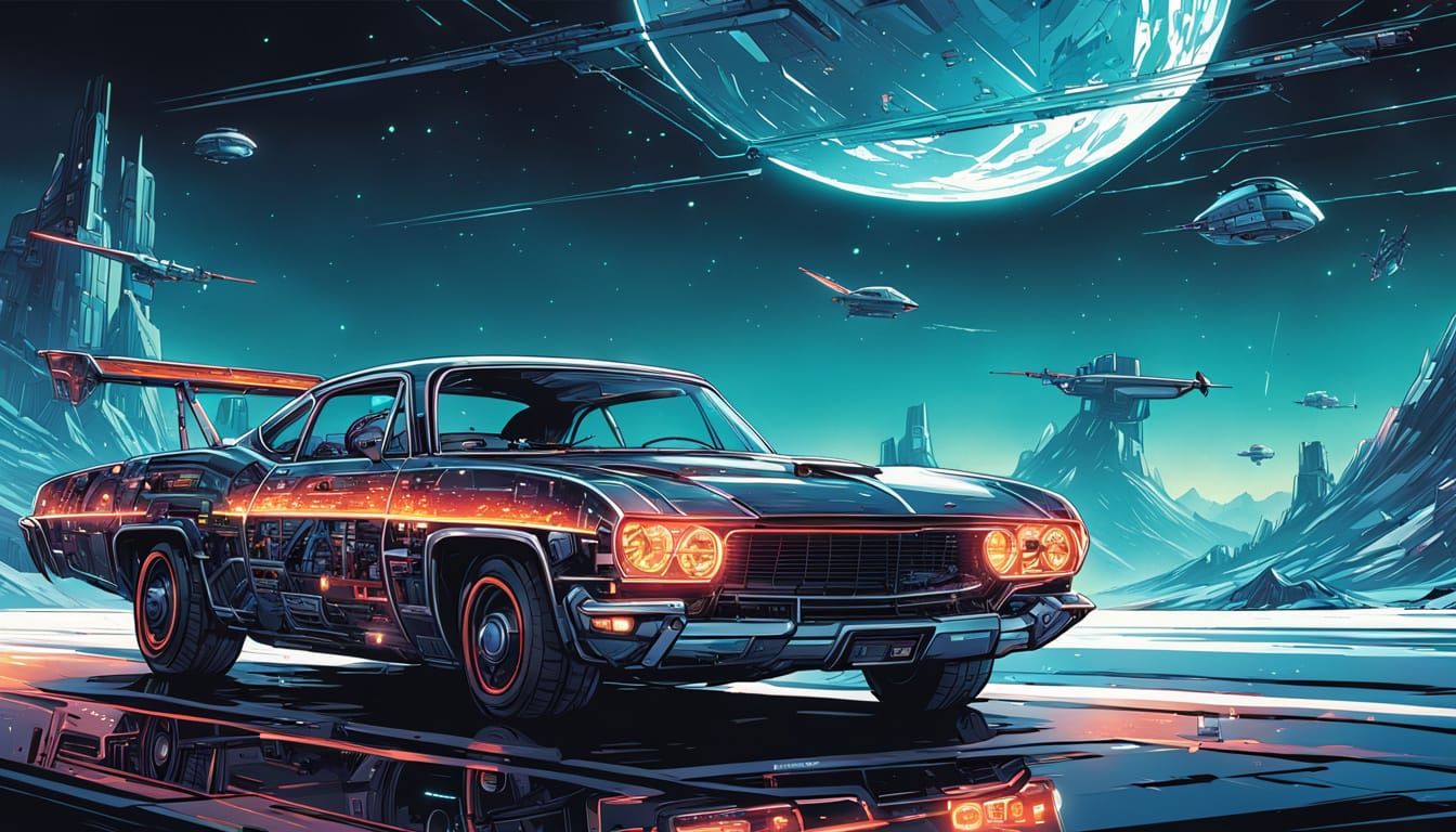 AI Car in Futuristic City, Comic Book Art