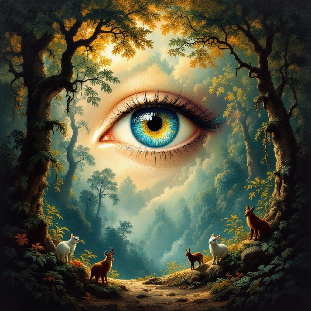 Enchanted Forest Baroque Painting with Cosmic All-Seeing Eye