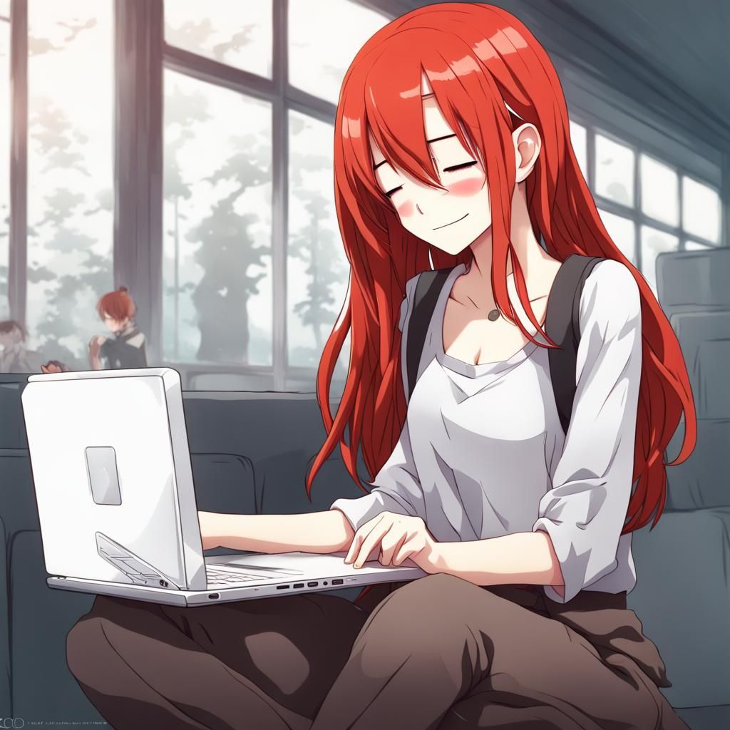 Anime Girl with Laptop in Japanese Manga Style