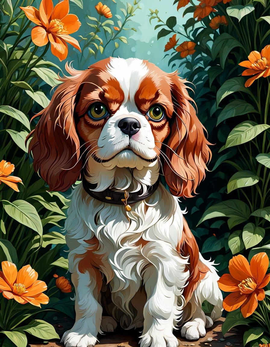 Cute Cavalier Puppy in Floral Spring, Digital Art