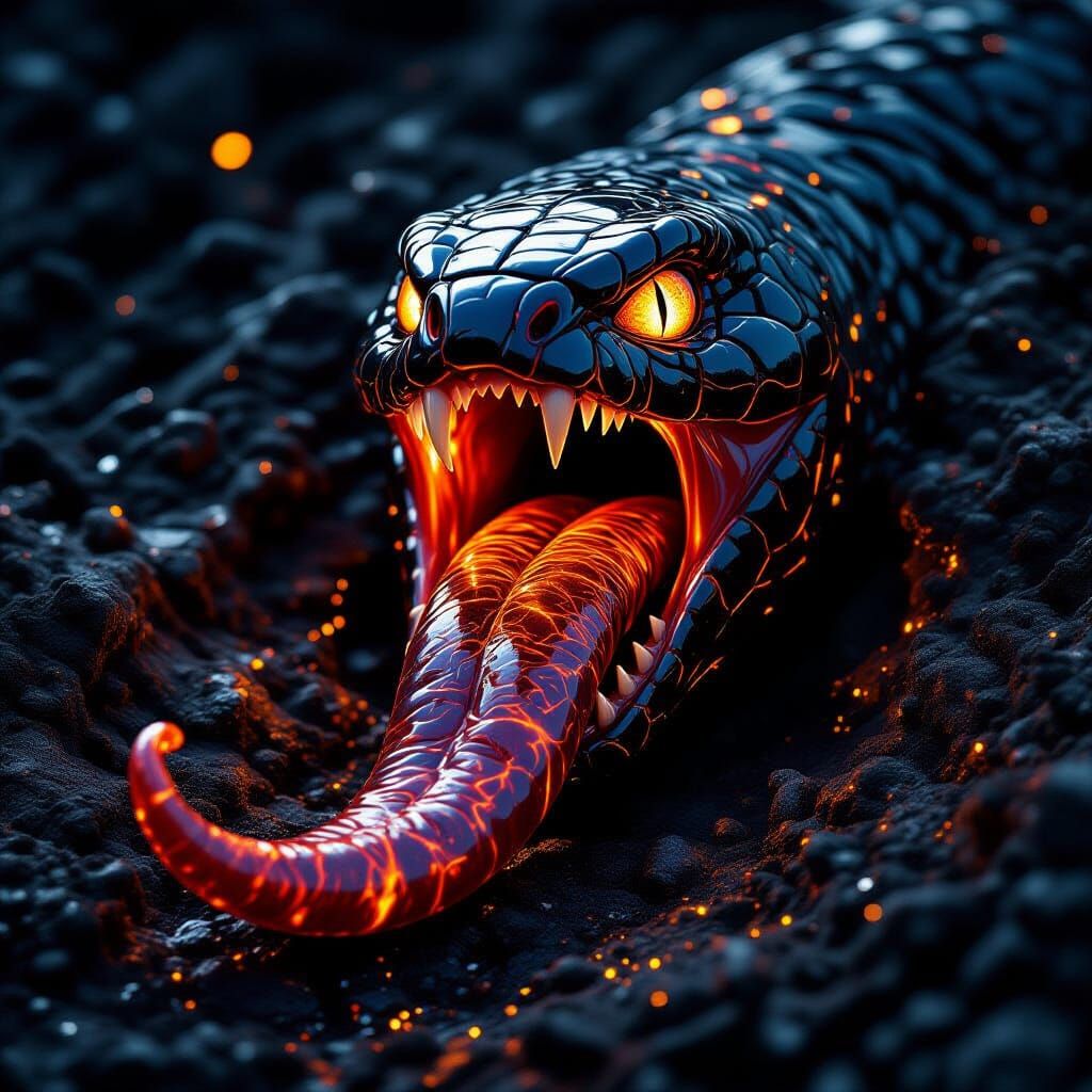 Magma Snake With Shiny Tar Tongue Eerie Dramatic Light