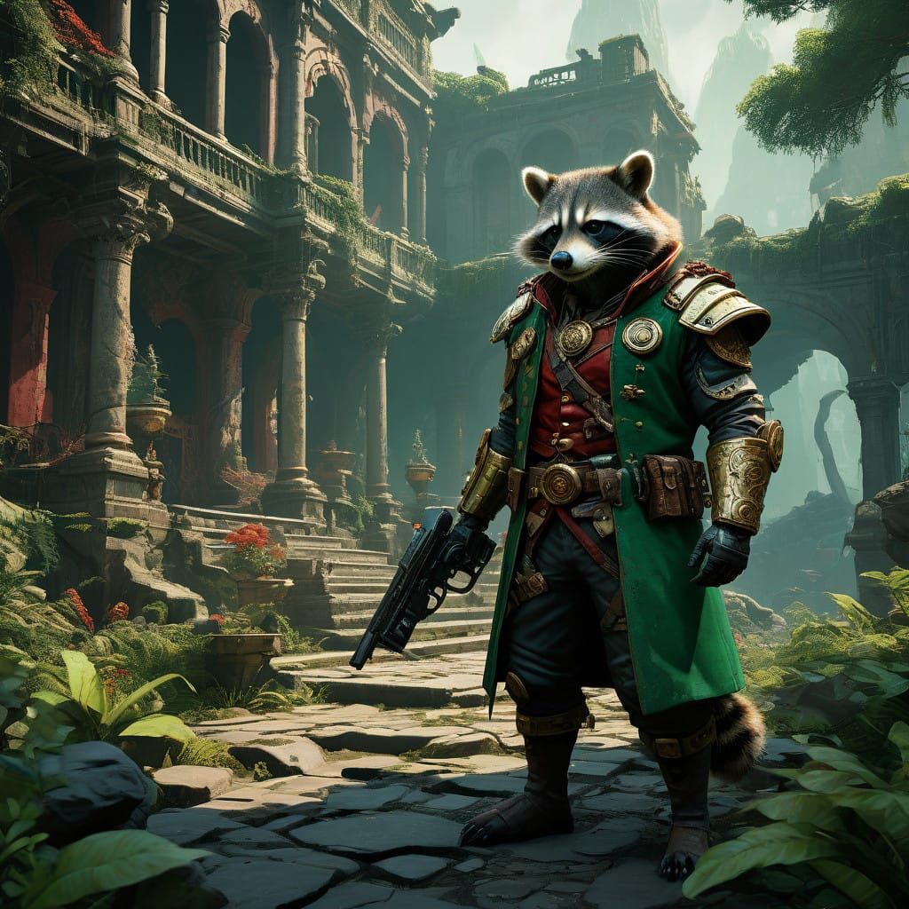 Baroque Raccoon Gunslinger in Fantasy Landscape