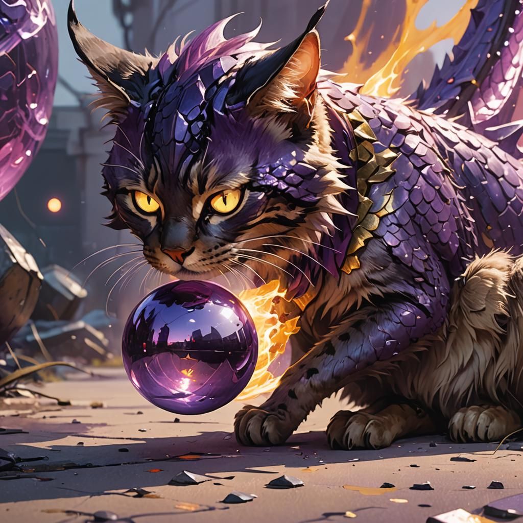 Cat and Purple Fire Dragon Playing