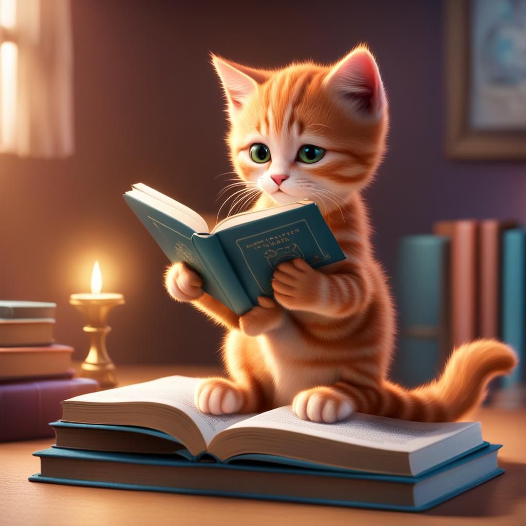 Ginger Kitten Reads a Book: 3D Digital Art