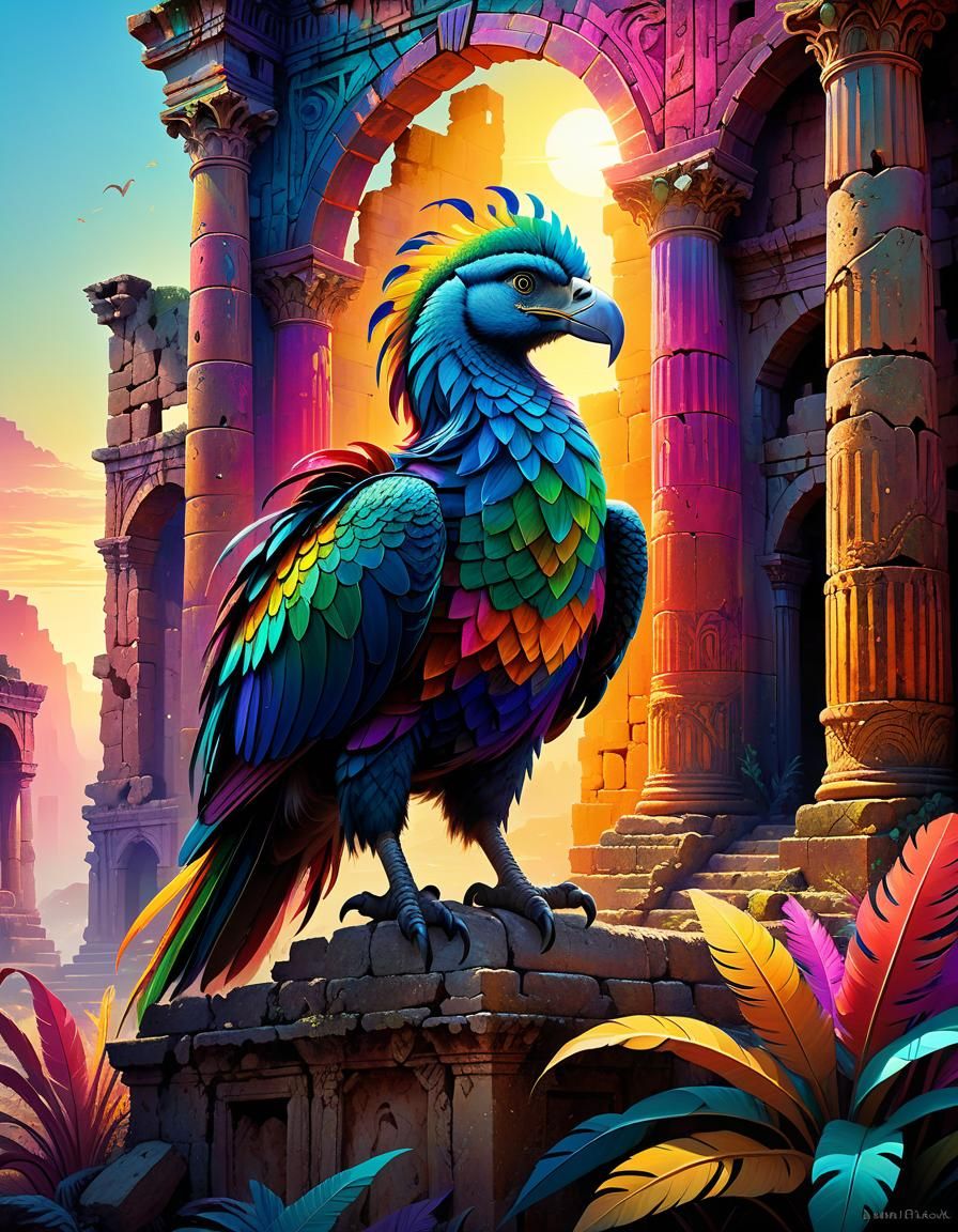 Mythical Creature in Ancient Ruins at Sunrise