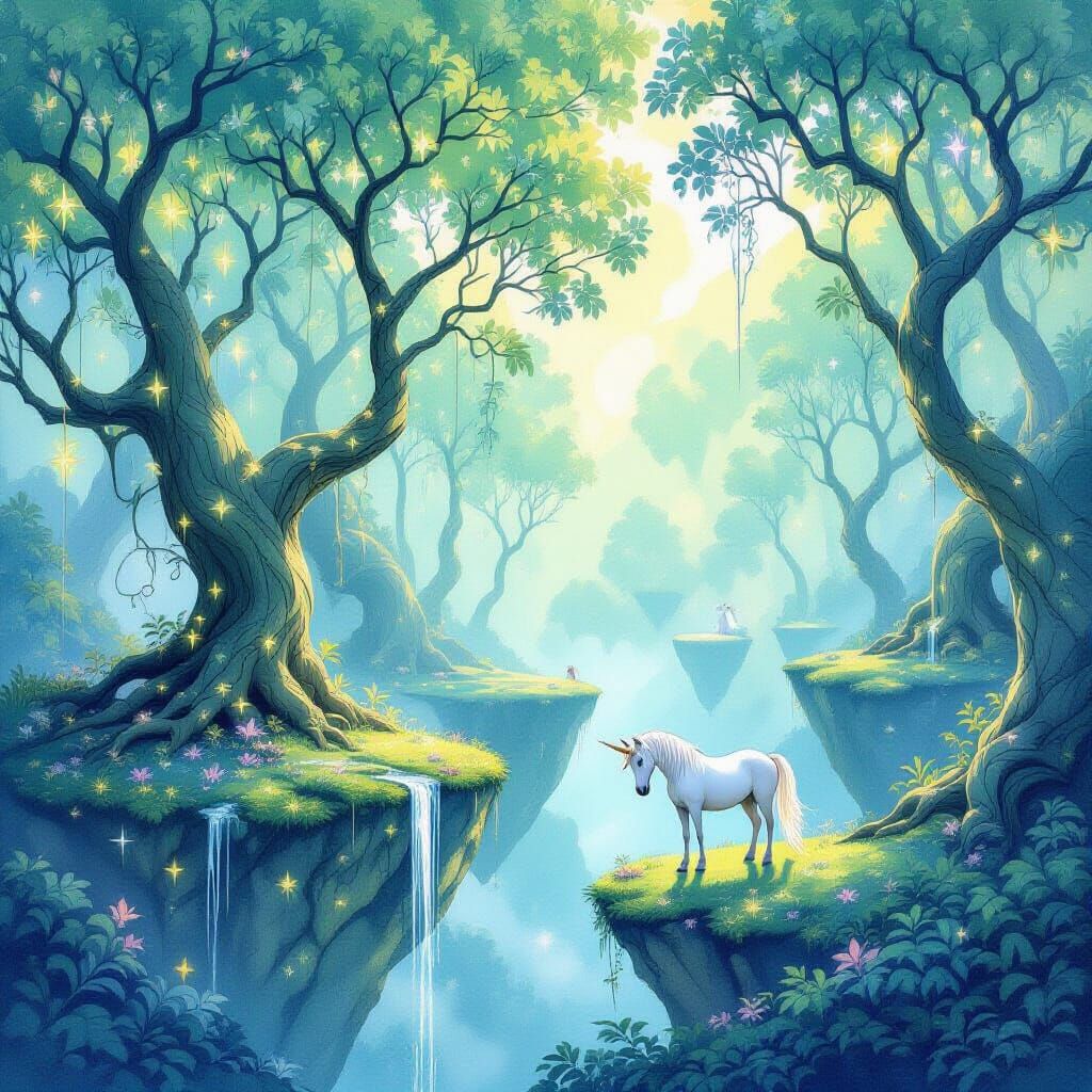 Enchanted Forest on Floating Islands with Unicorn