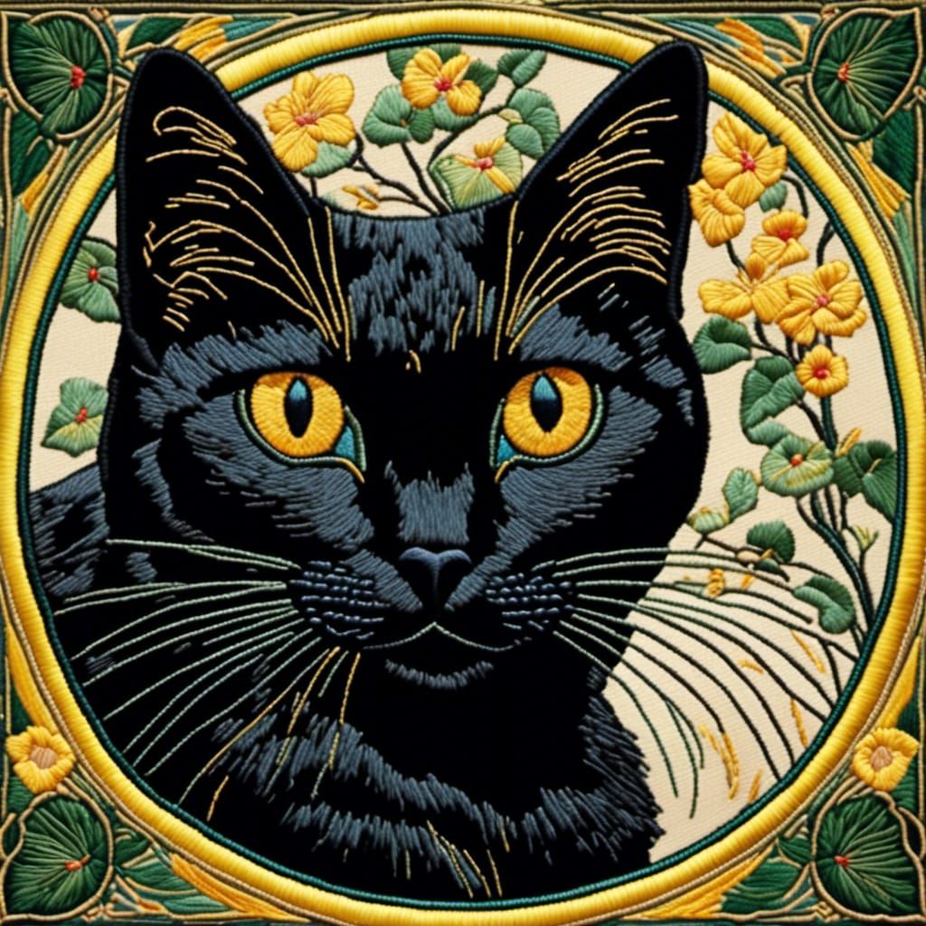 Art Nouveau Embroidery of a Black Cat