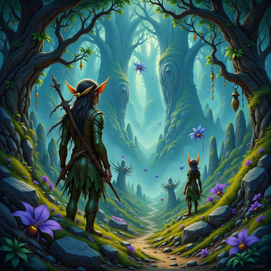 Epic Elfquest Scene in Mystical Forest Digital Painting