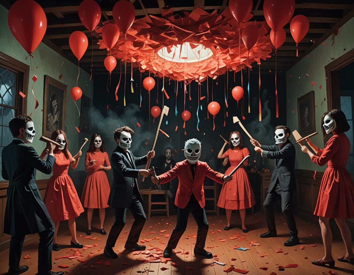 Surreal Haunted Birthday Party with Eerie Revelers