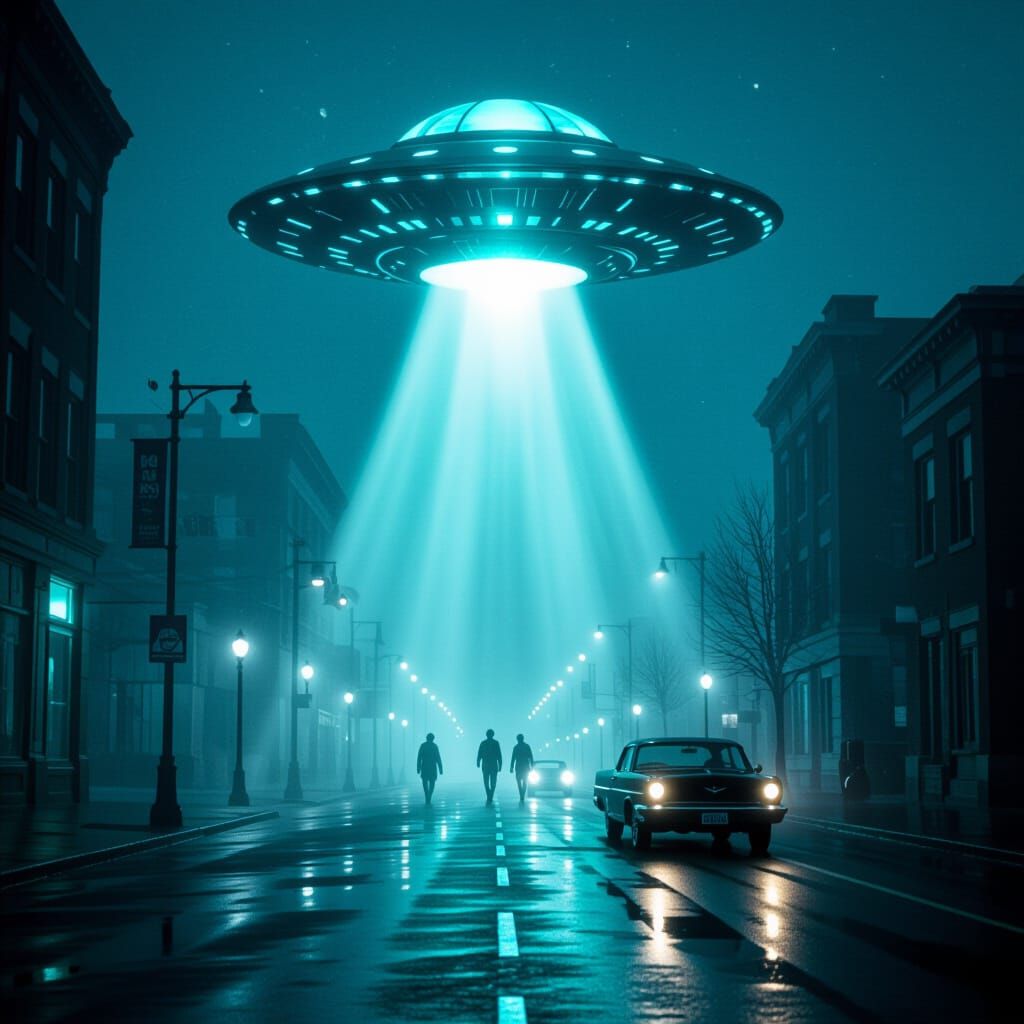 Retro UFO Hovering Over a Wet City Street