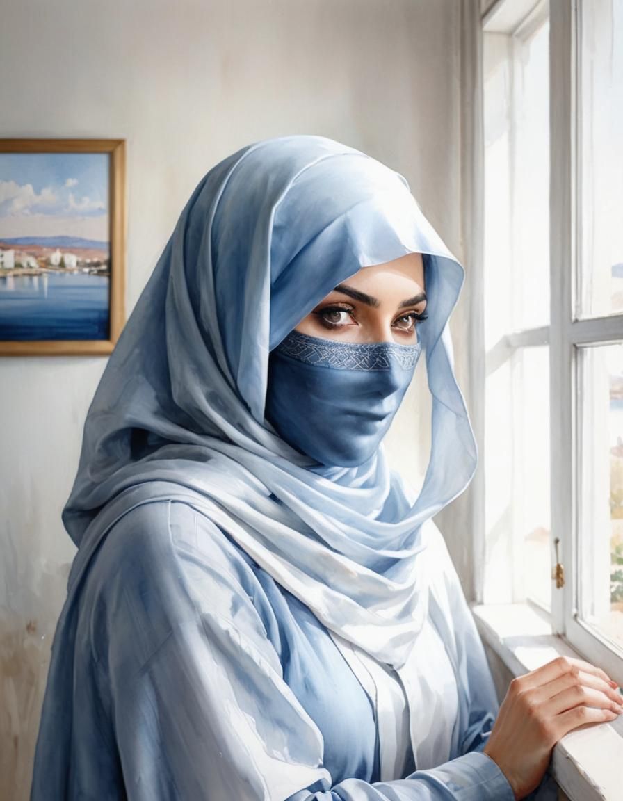 Watercolor Portrait: Woman in Niqab with Lakeview
