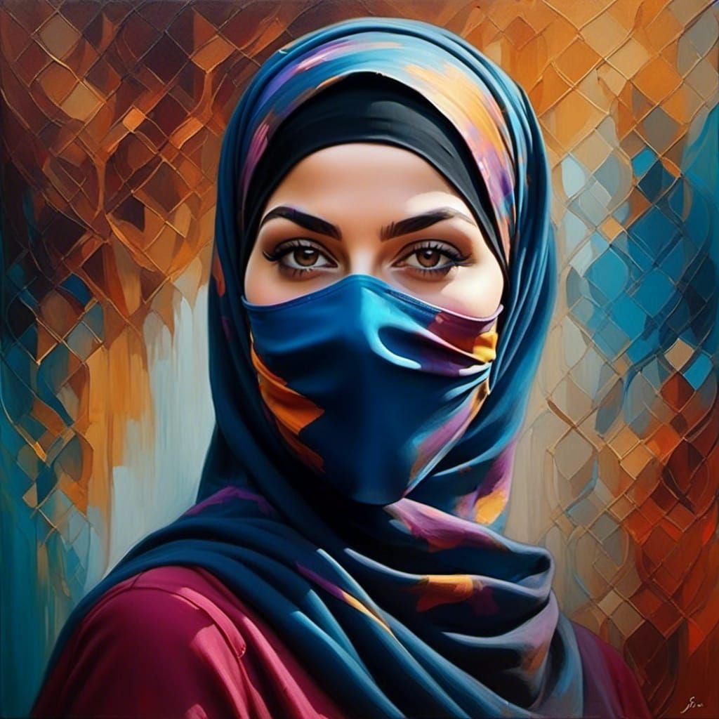 Hijabi Lady in Oil Painting Style with Mask