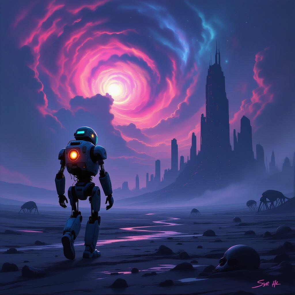 Robot in Desolate Landscape, Cosmic Nebula Background