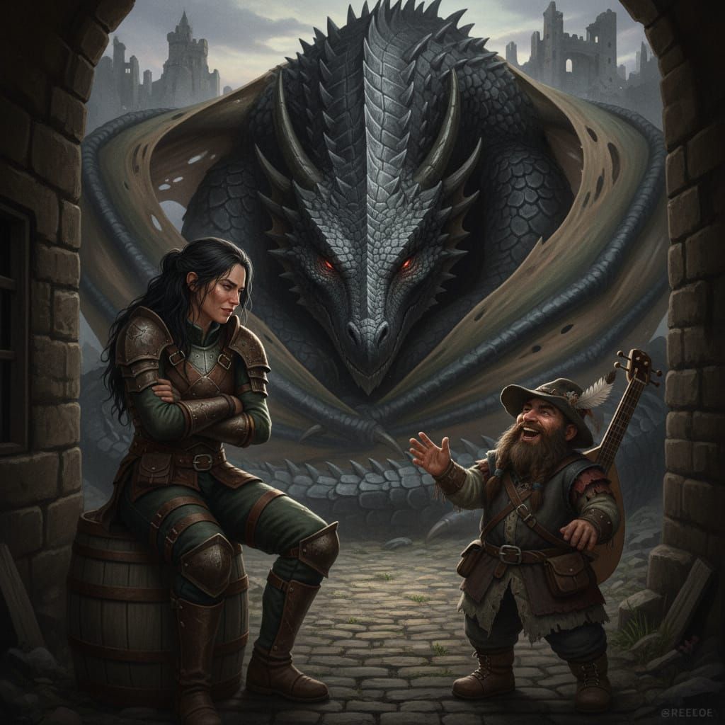 Realistic Female Warrior with Dragon in Dark Alley