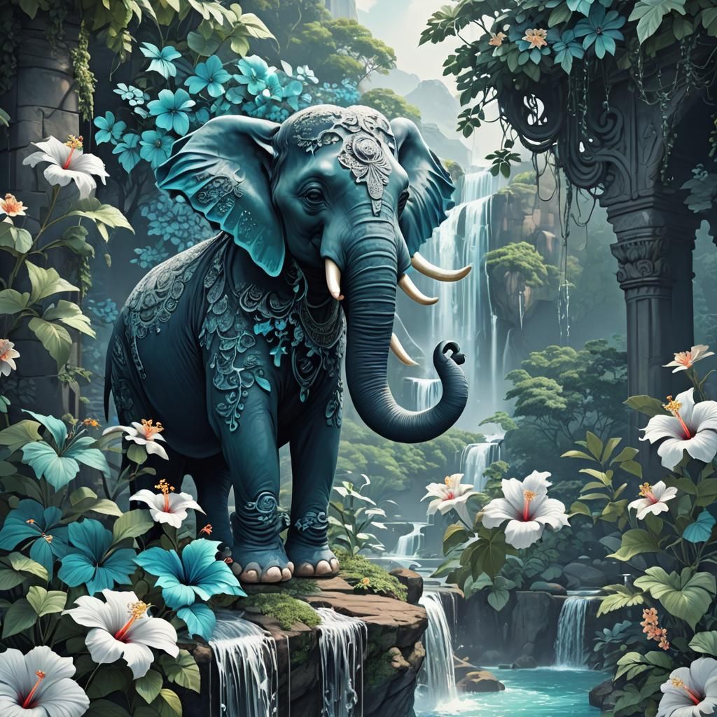 Waterfall Landscape with Filigree Elephant in Anime Style