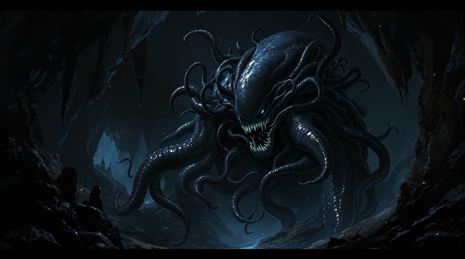 Ethereal Horror Unveiled: Obsidian Abomination in Shadowy Ab...