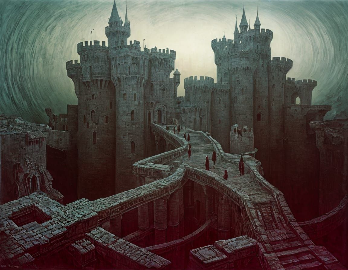 Surreal Castle with Drawbridges, Moats, and Twisted Forms