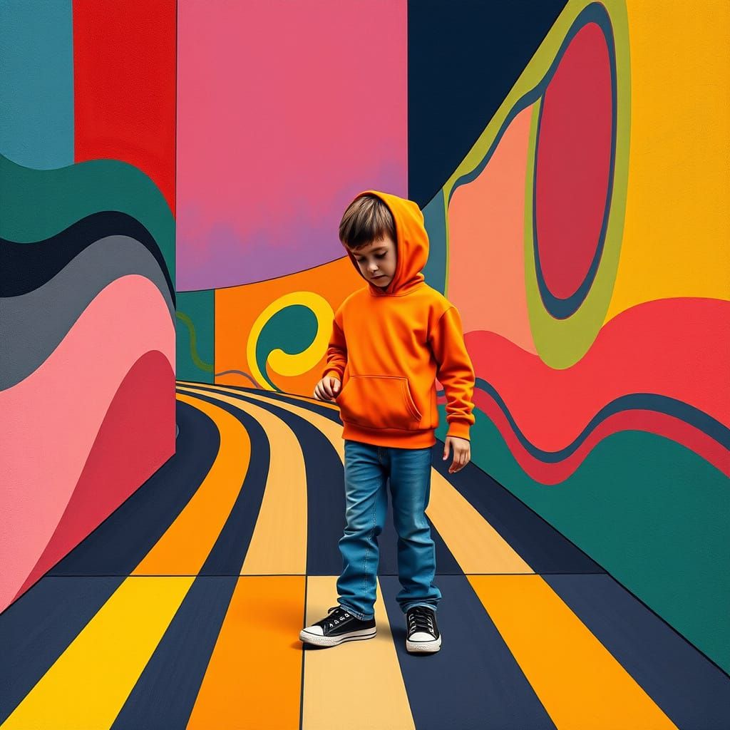 Boy in Hypnotic Trance Counting Sidewalk Stripes