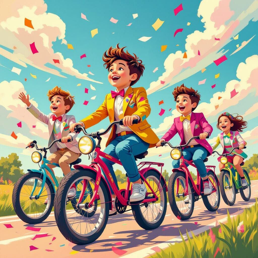 Whimsical Scene of Boys on Bikes in Digital Art Style