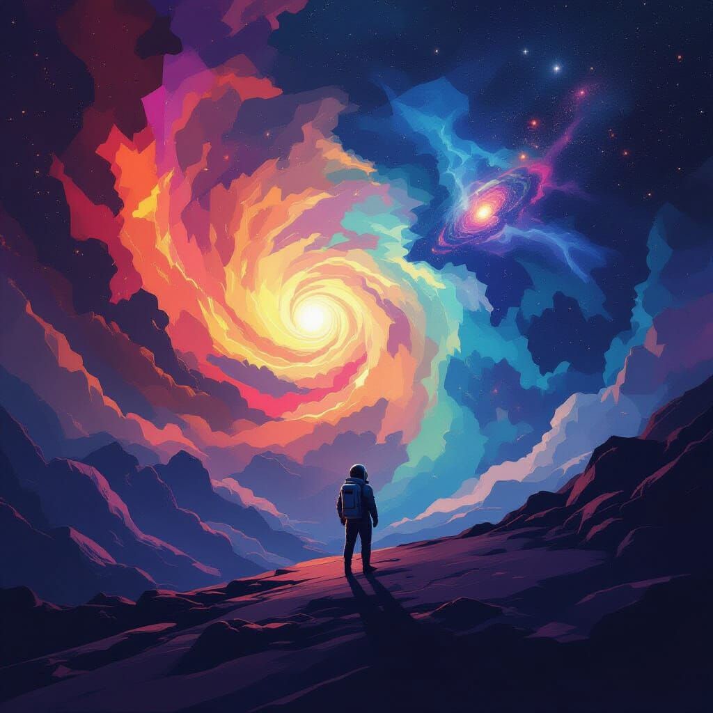 Astronaut Contemplates Galaxy in Abstract Cosmic Style