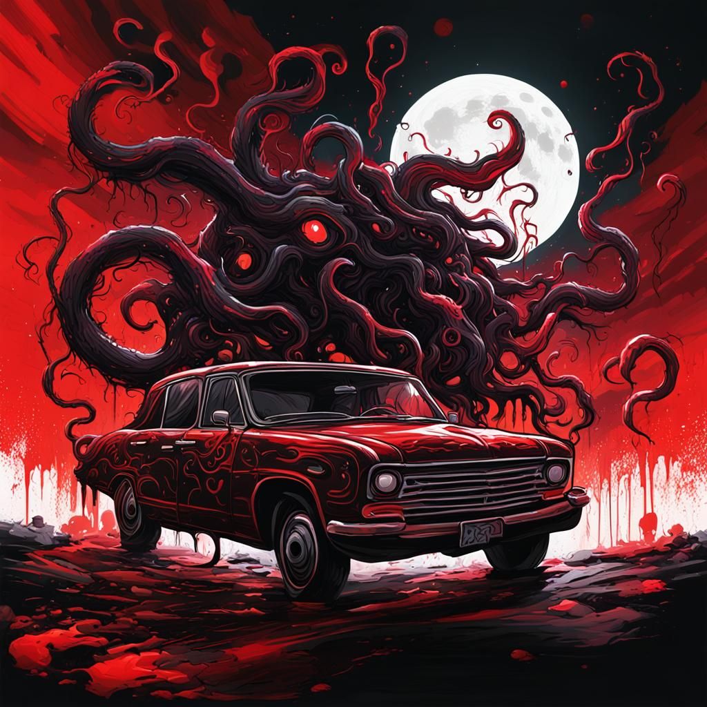Eldritch Monster Driving Car in Graffiti Art Style