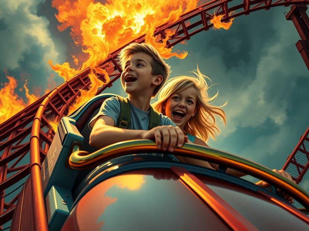 Burning Roller Coaster Ride in Comic Book Style