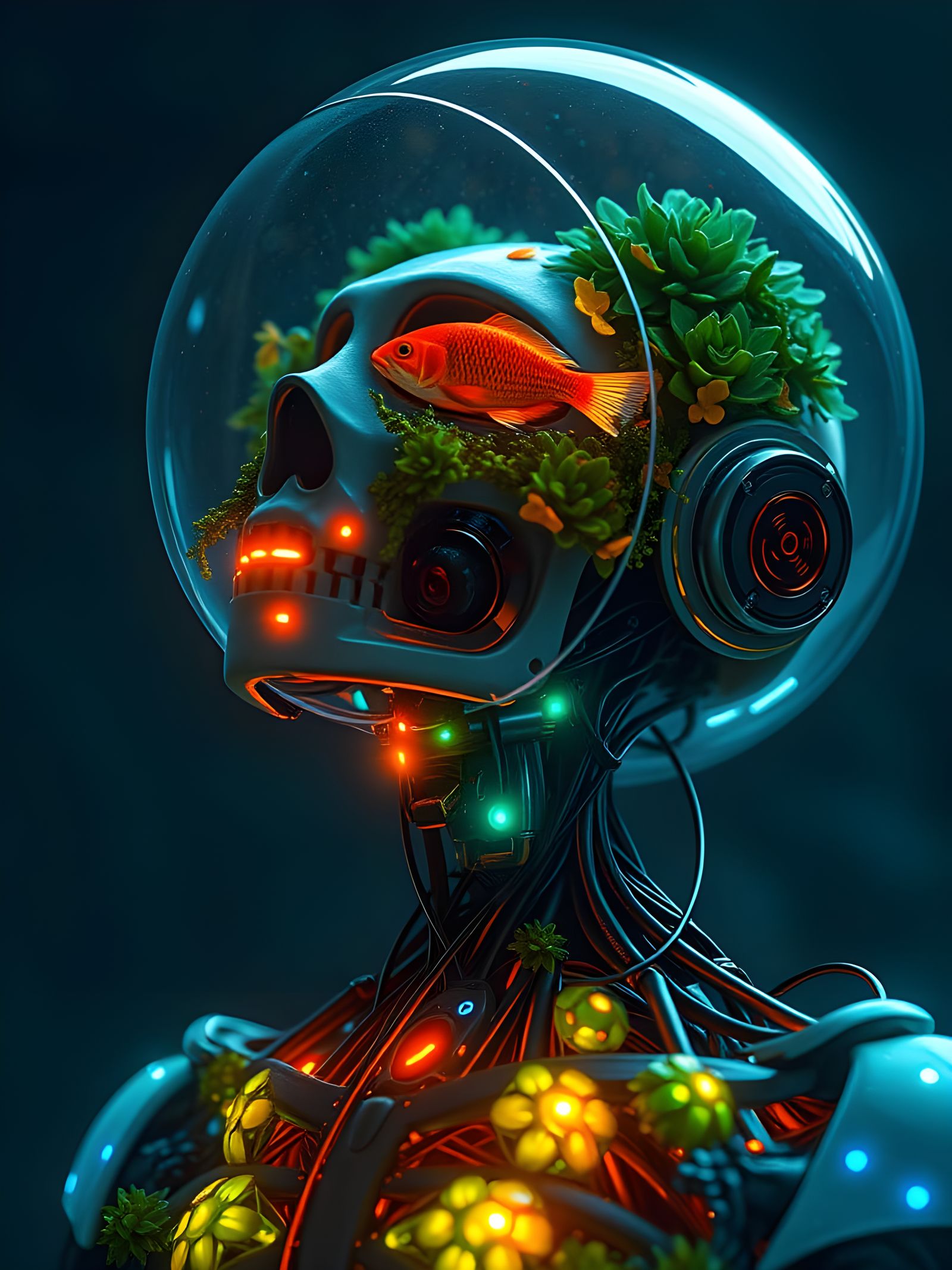 Futuristic Humanoid with Glowing Fish: a Sci-Fi Portrait