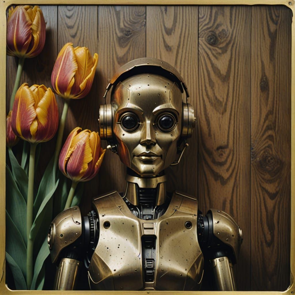 Brass Robot Woman in 70s Photorealism Style