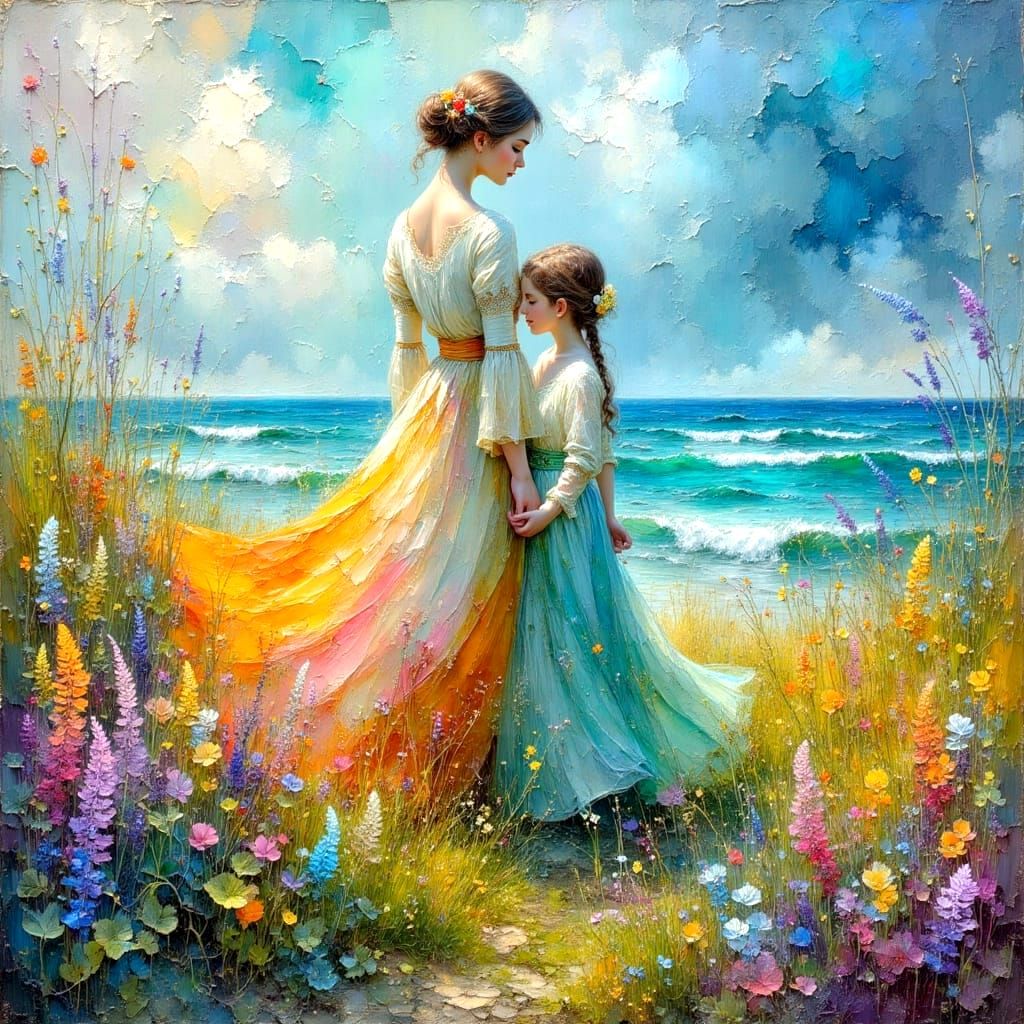 Watercolor Mother and Daughter Portrait with Colorful Detail...