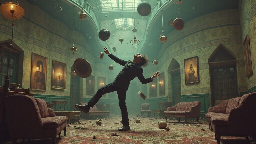 Chaotic Tilted Room Scene in Cinematic Style