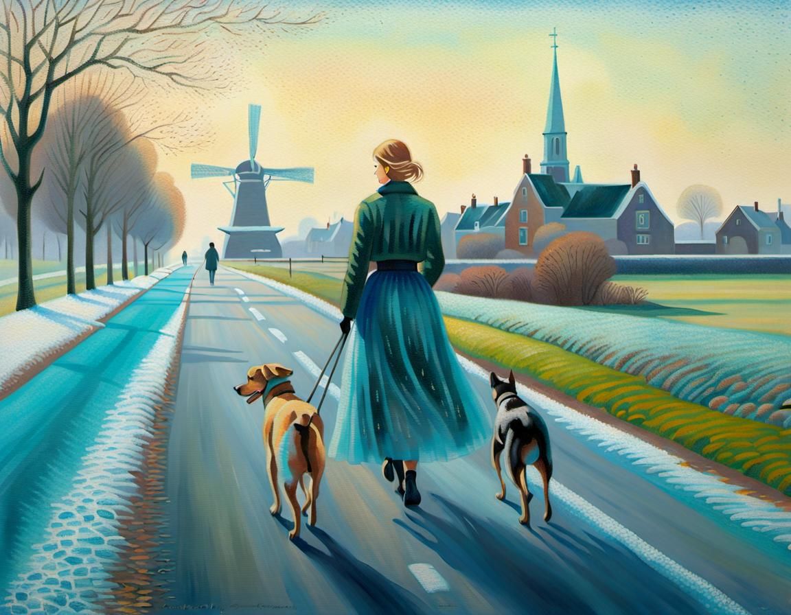 Pointillist Dutch Landscape with Woman and Dogs