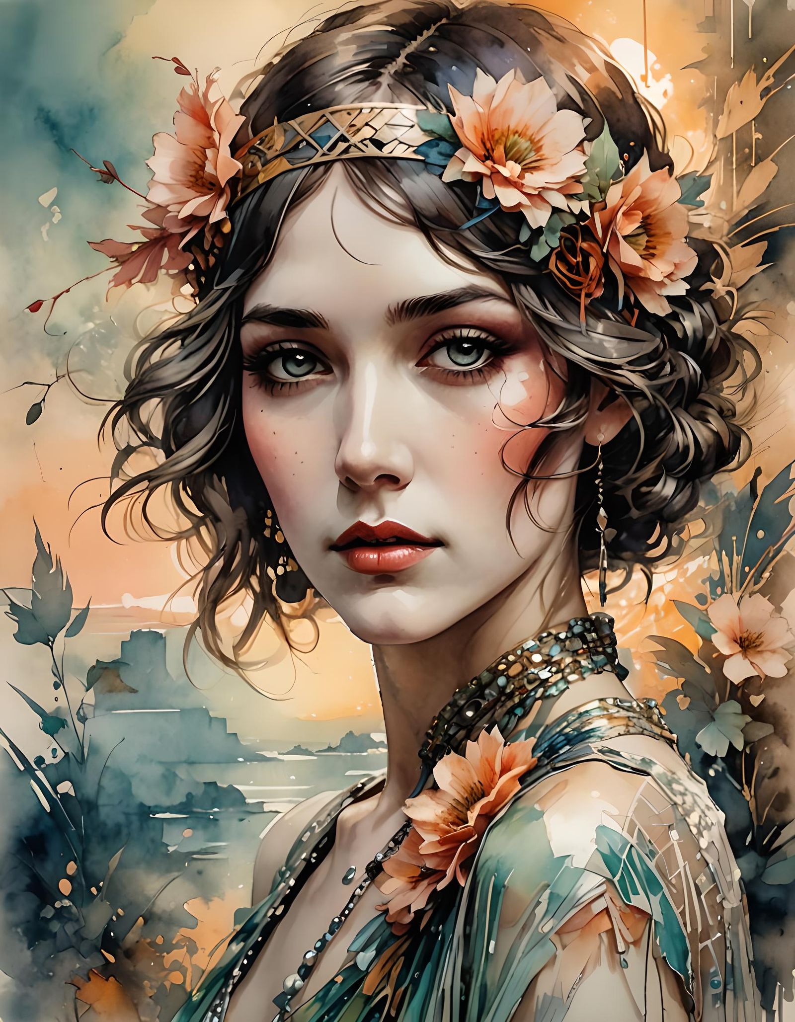 Flapper Girl Portrait in Watercolor Style