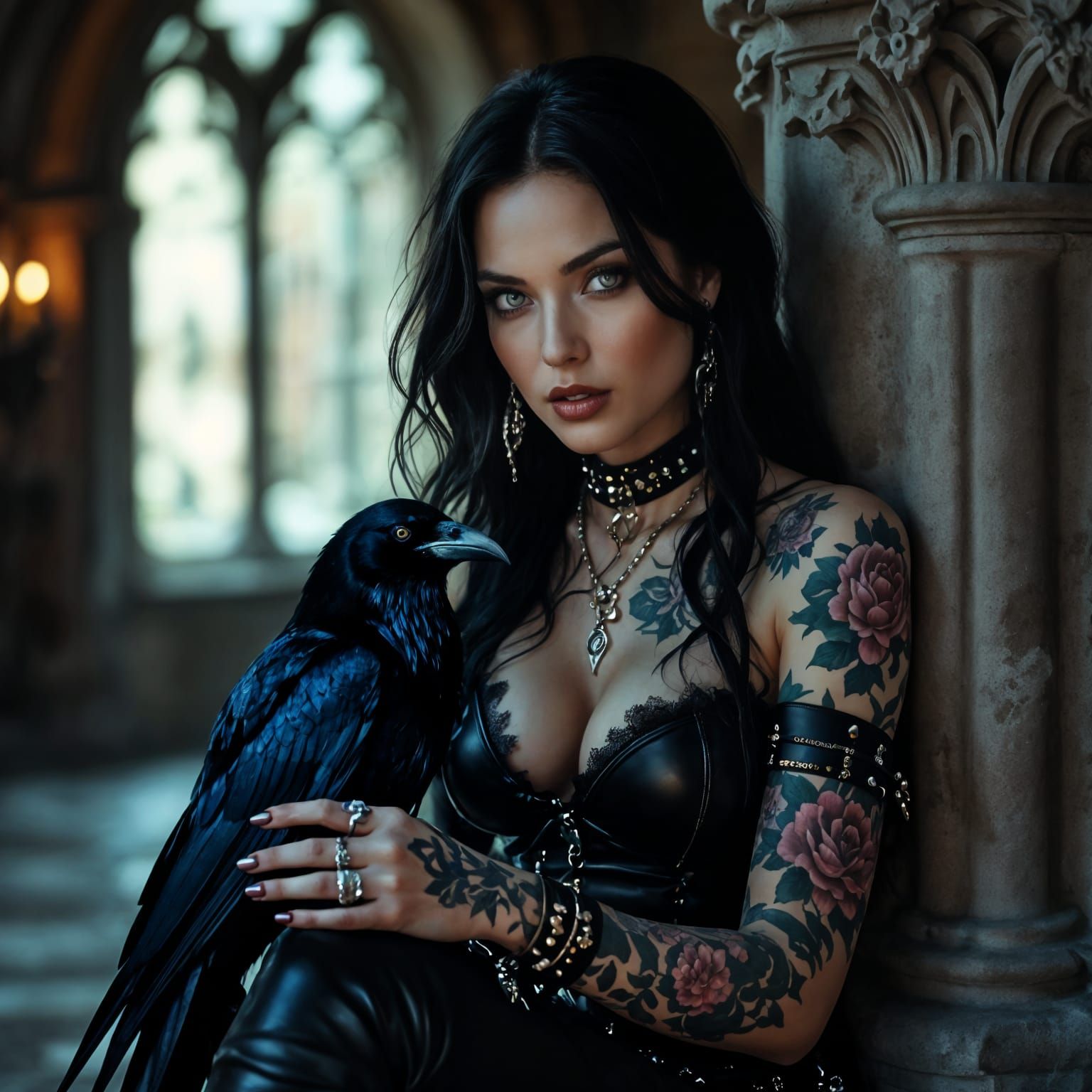 Gothic Beauty with Raven in Shadowed Hall