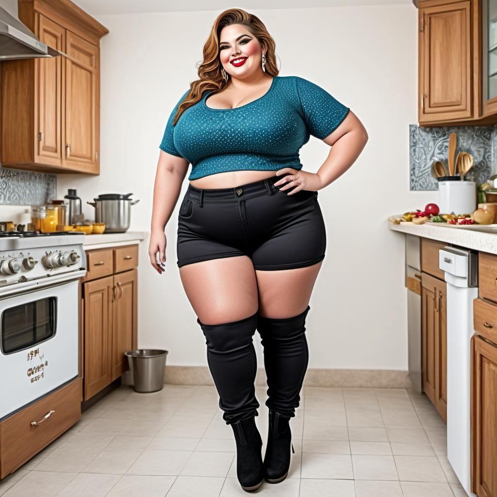 Plus-Size Woman with Elaborate Makeup in Kitchen