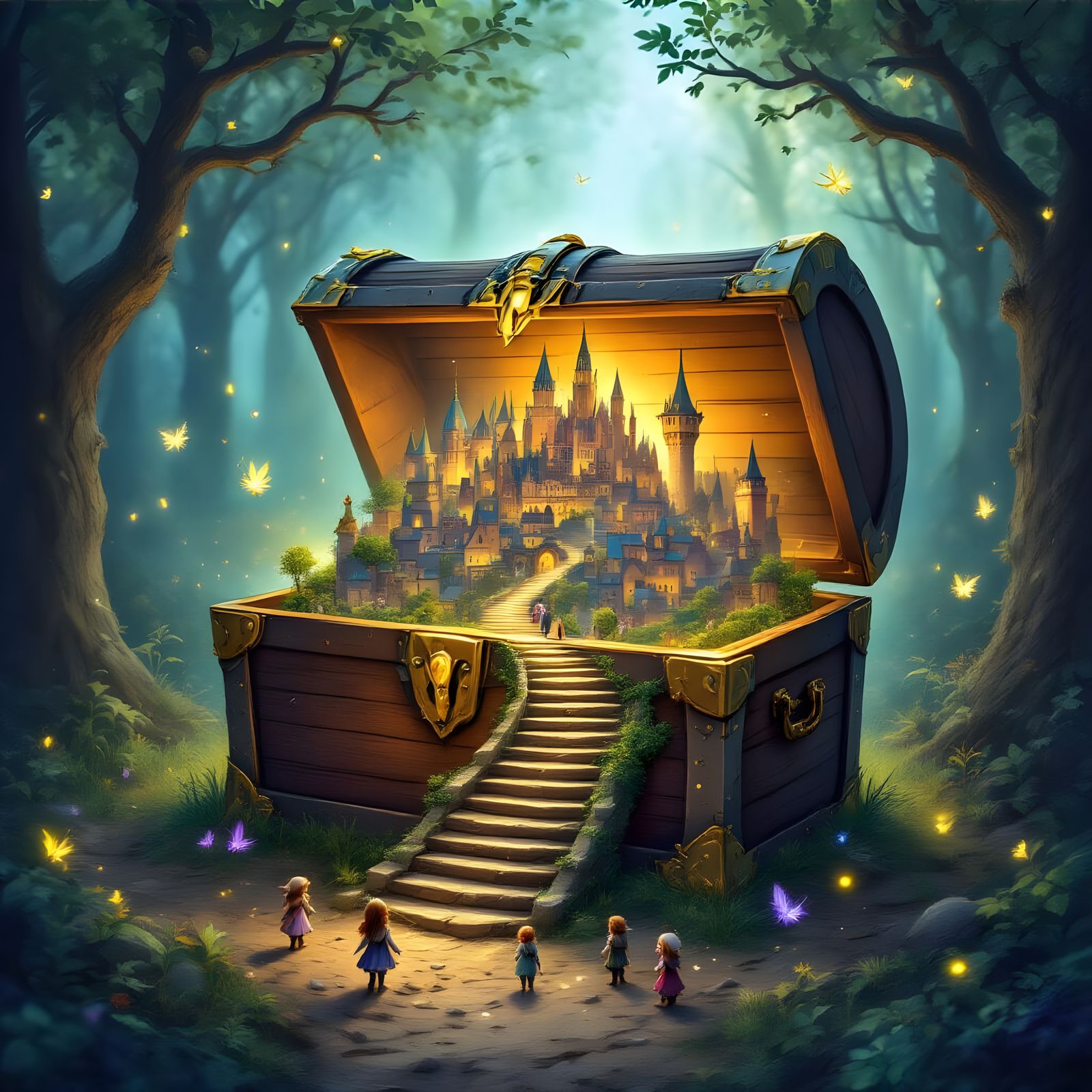 Magical Two-Level City in Forest Treasure Chest