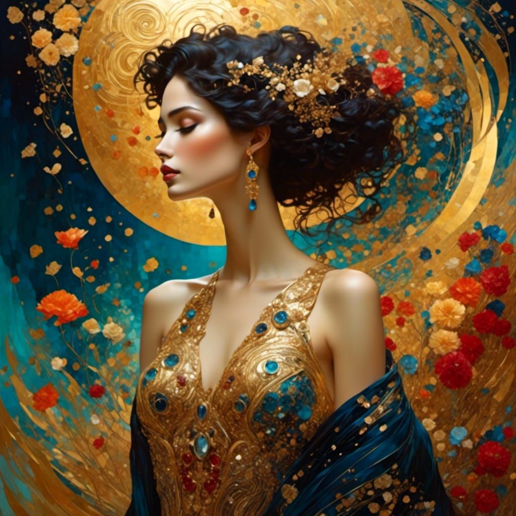 Klimt-Inspired Silhouette in Dreamlike Art Nouveau Landscape