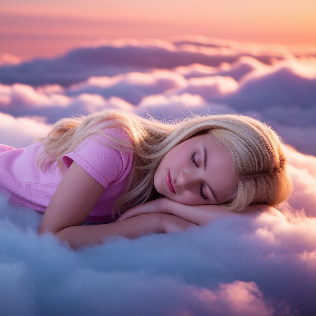 Ethereal Blonde Girl on Soft Clouds at Sunset