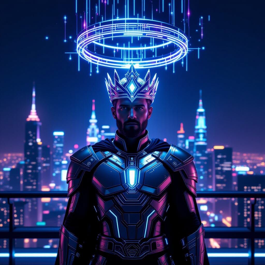 Futuristic King on Balcony Overlooking Neon City