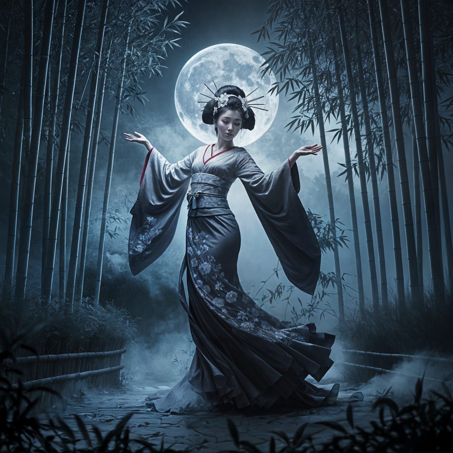Geisha Dancing in Bamboo Forest Under Moon