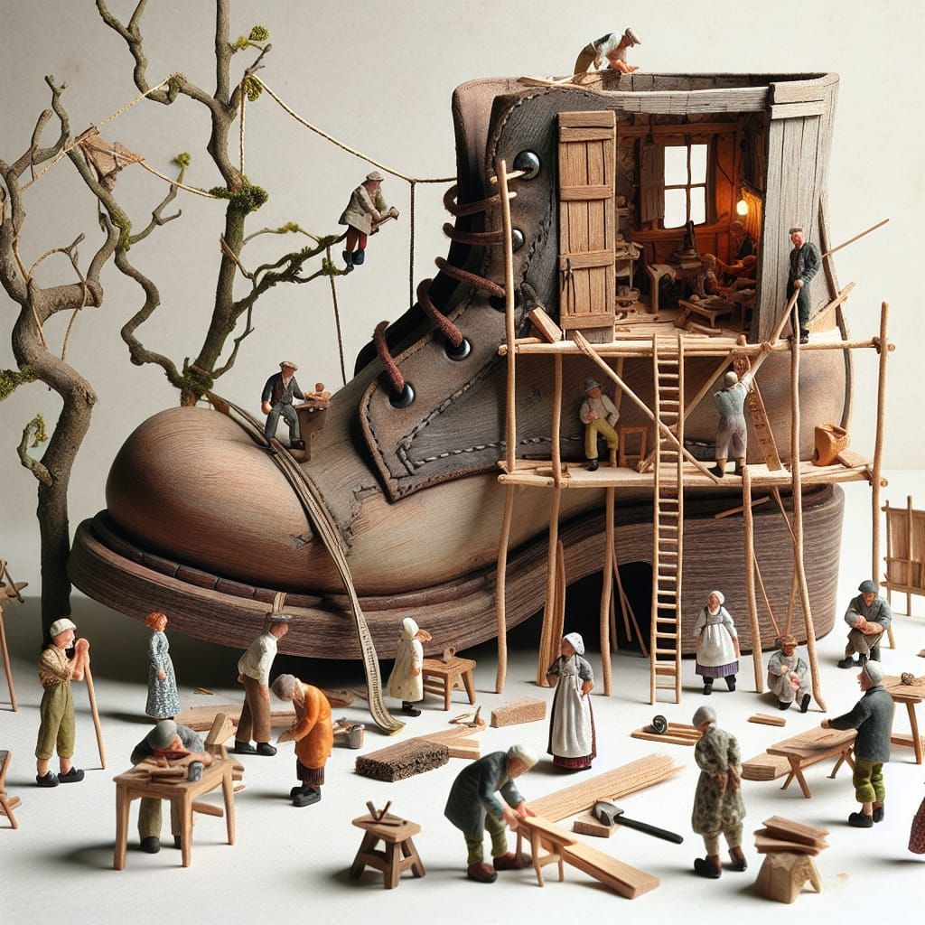 Whimsical Scene of Tiny Woodworkers Constructing a Giant Woo...