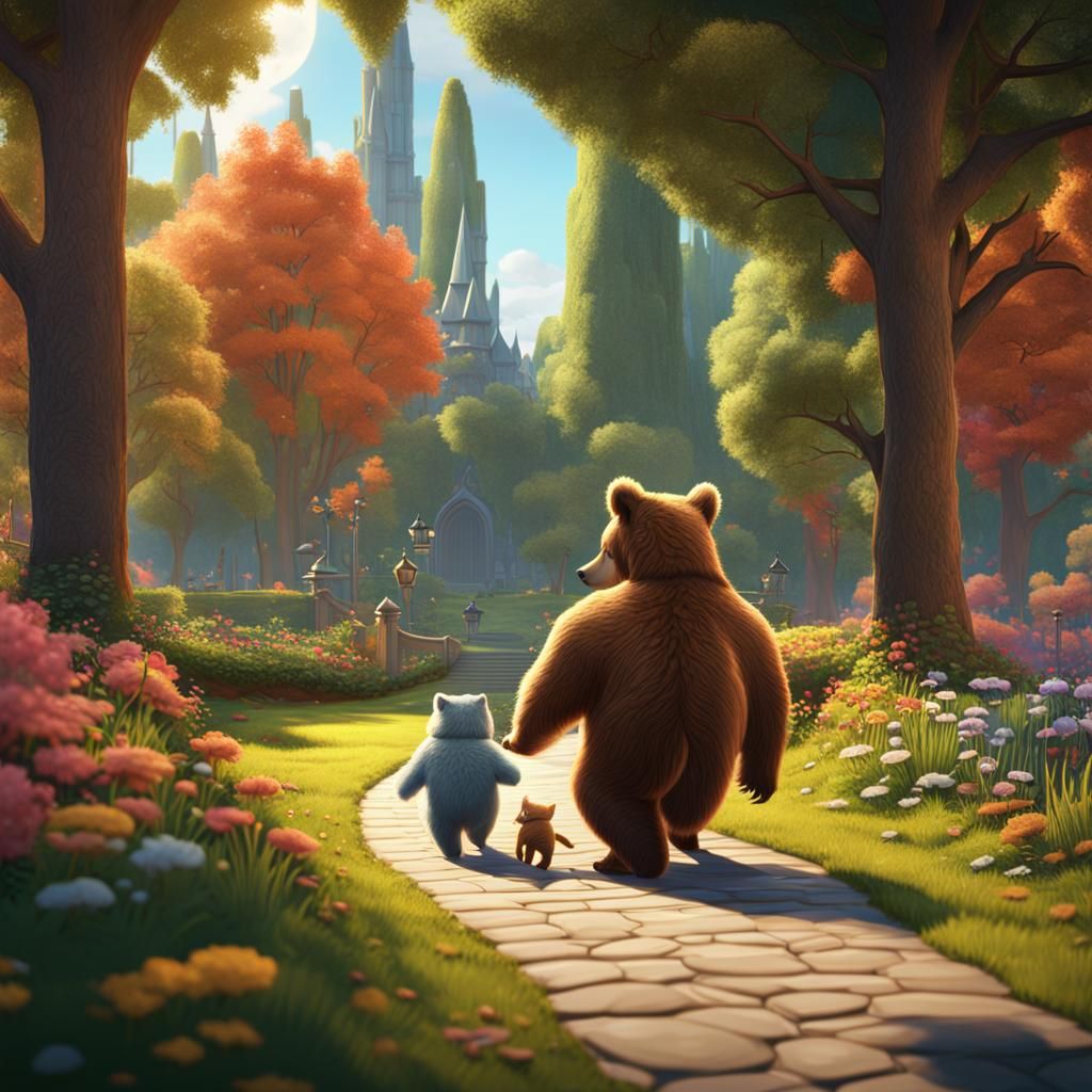 Cartoon Bear and Cat Stroll in Park