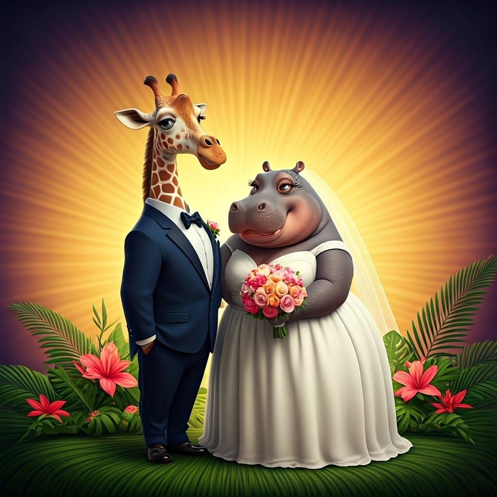 Joyful Giraffe and Hippo Couple Exchange Vows in Whimsical W...