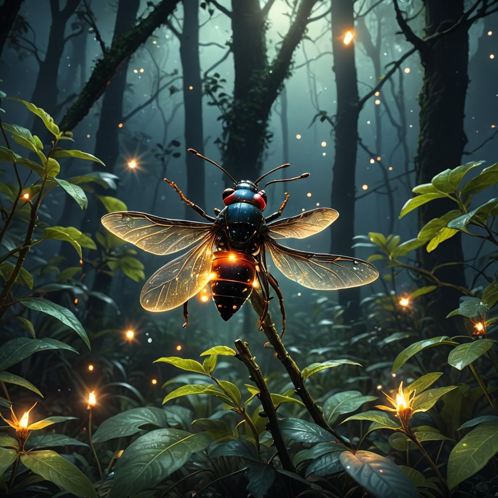Firefly in Leafy Forest: Detailed Matte Painting