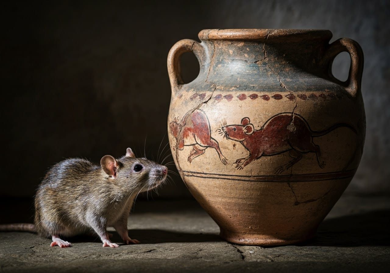 Ancient Roman Pot with Rat Motif, Hyperrealistic Photo