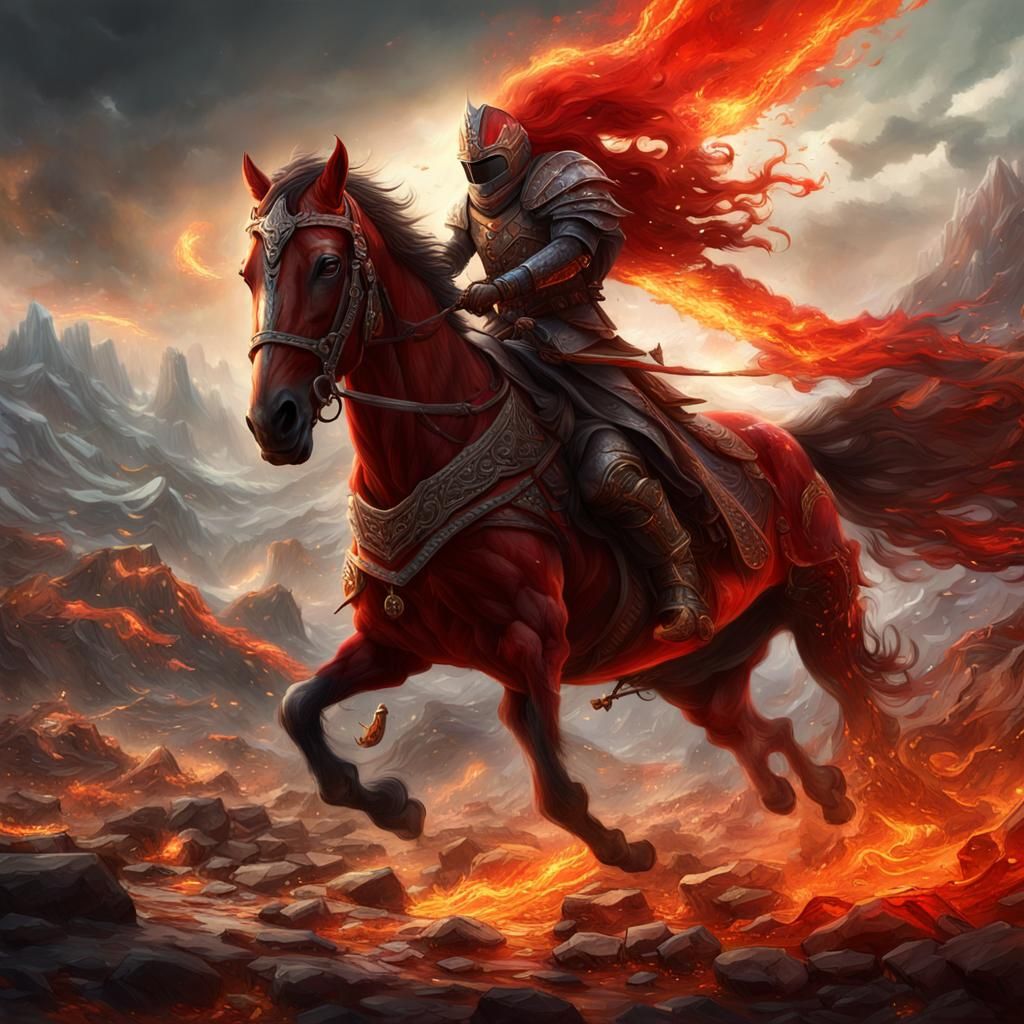 Fiery Red Horseman Takes Peace: 8K Artstation Fantasy